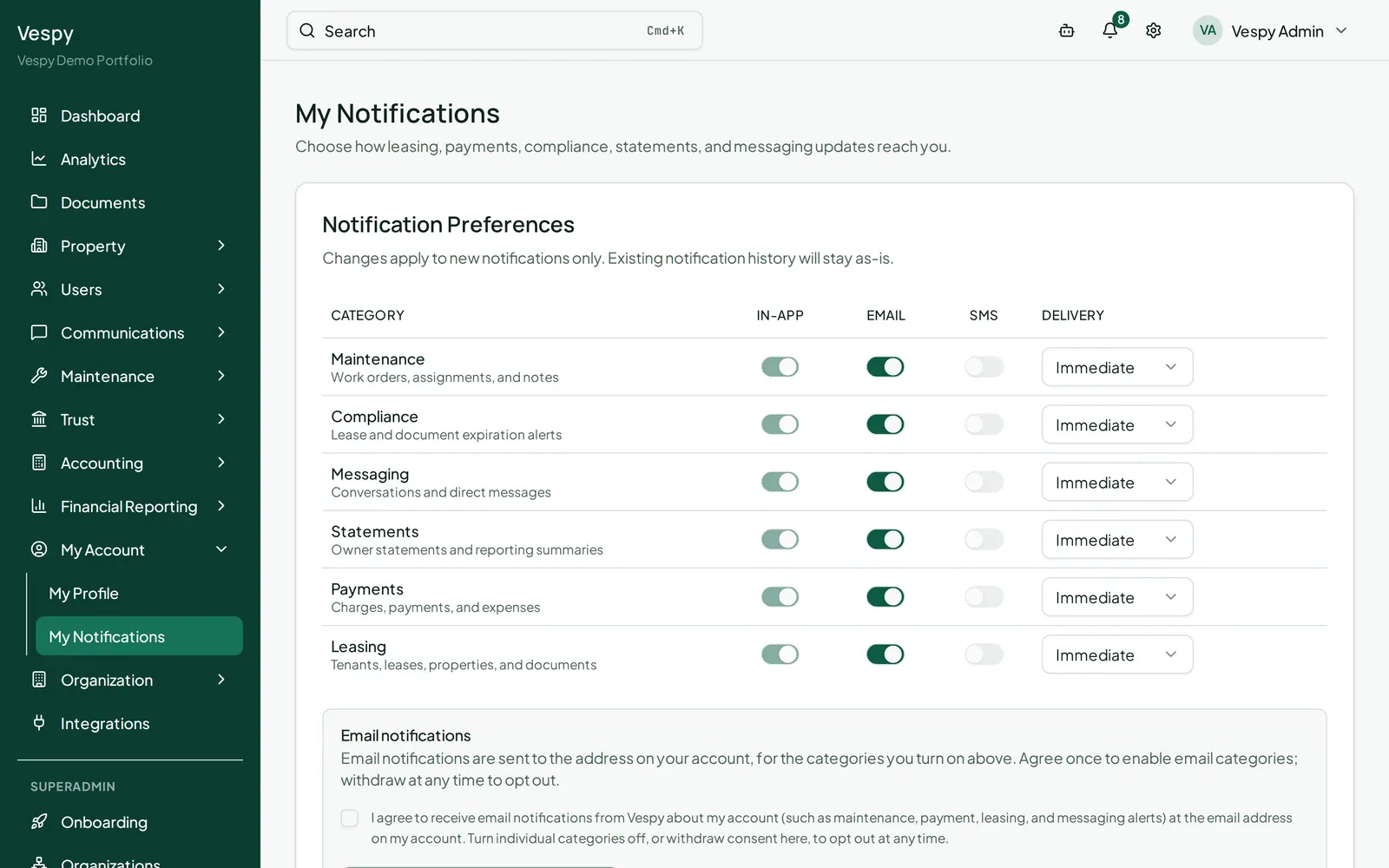 Personal notification preferences, controlling which alerts reach your own account.