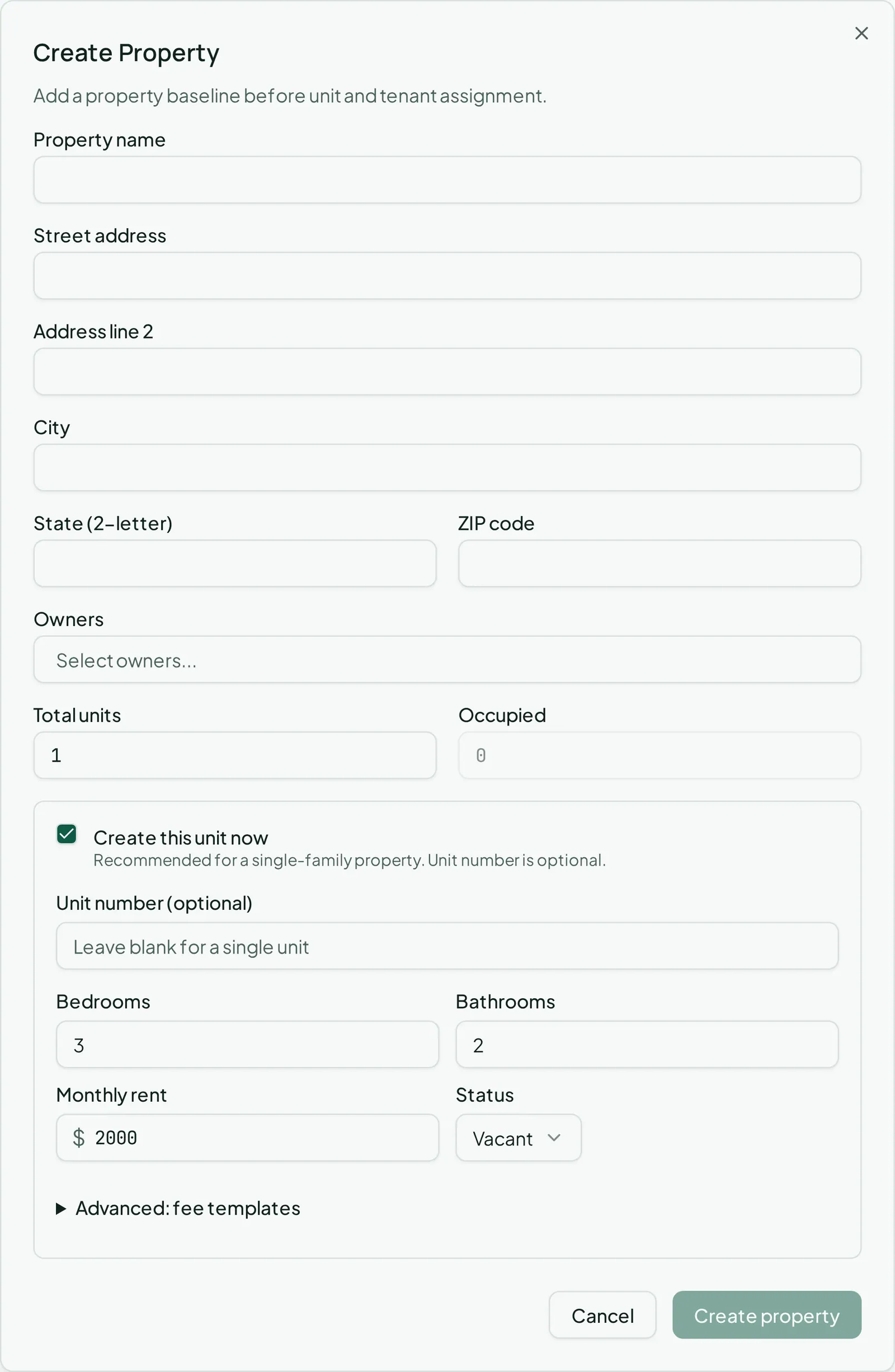 The Create Property dialog: property name, street address, city, state, ZIP code, owners, and total units.