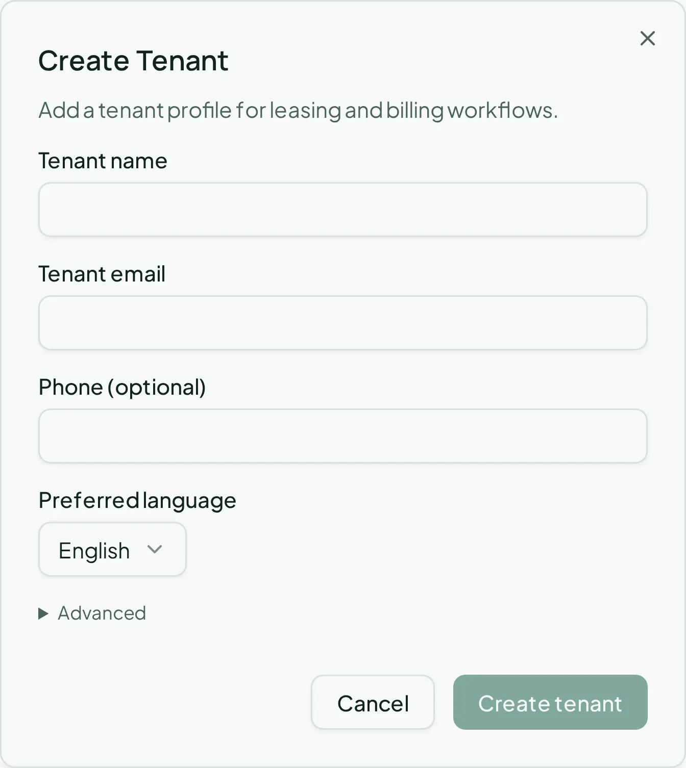 The Create Tenant dialog: tenant name, tenant email, phone, and preferred language.
