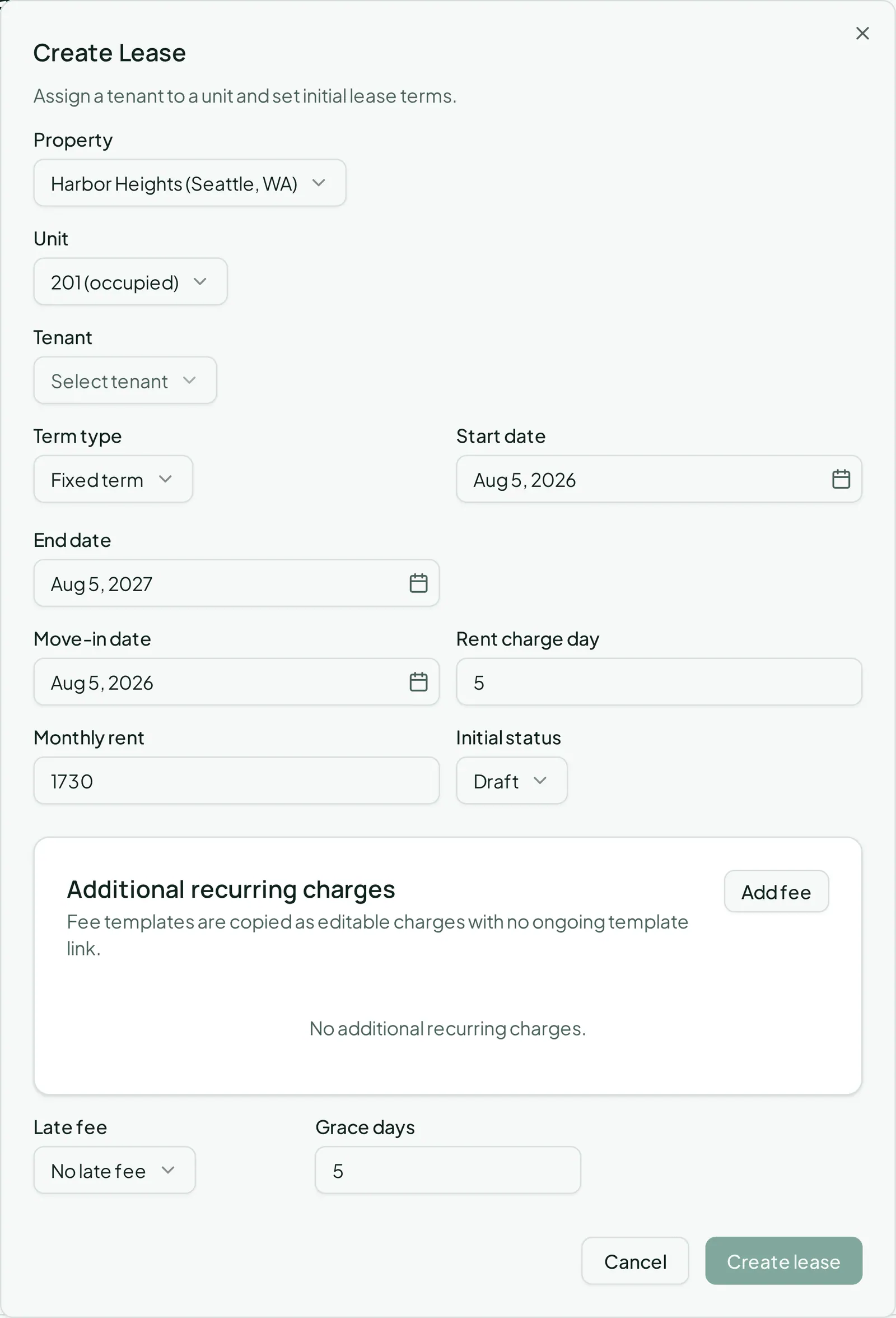 The Create Lease dialog: property, unit, tenant, term type, dates, rent charge day, monthly rent, and initial status.
