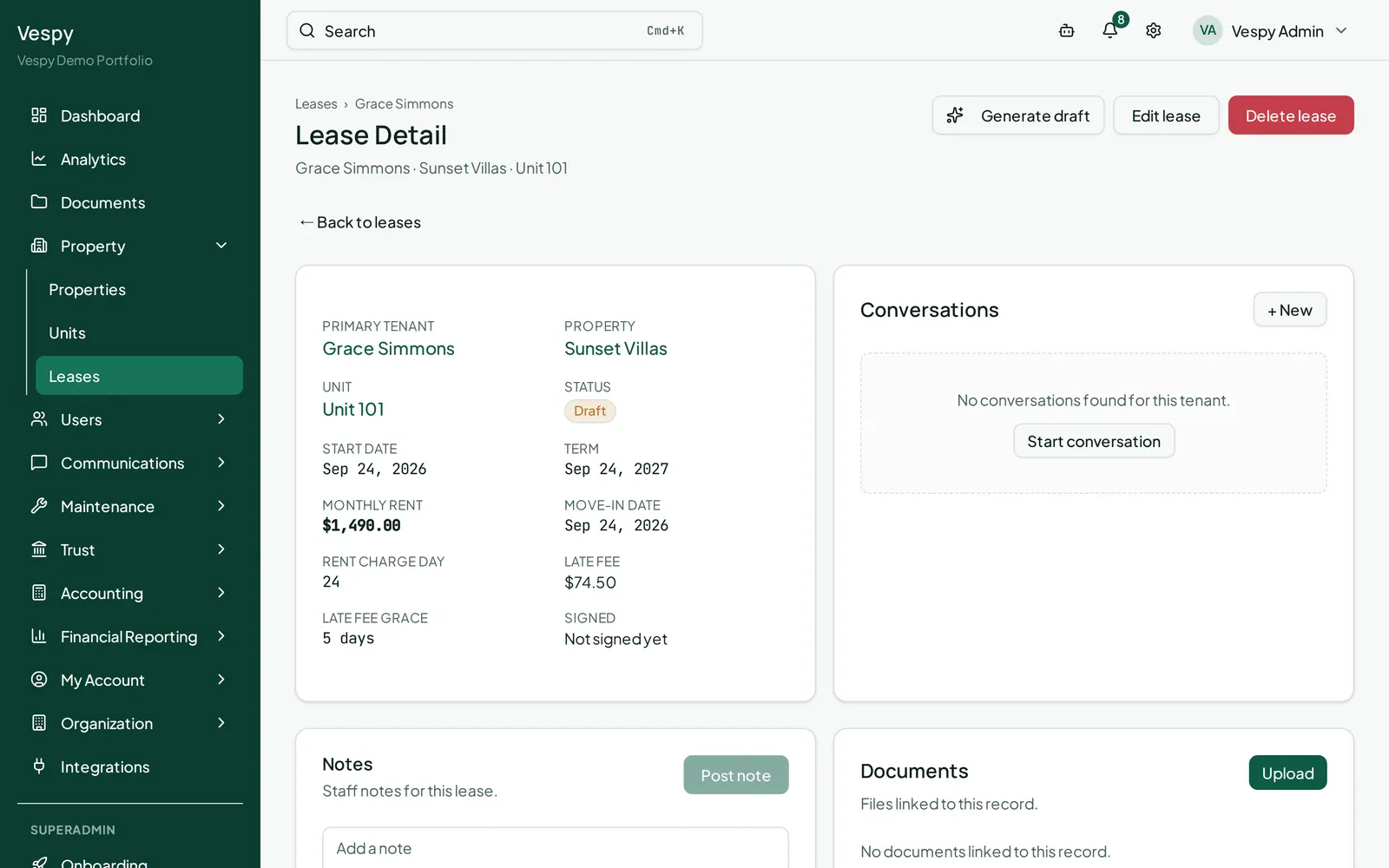 A lease’s detail page, from which a renewal is started and the new term set.