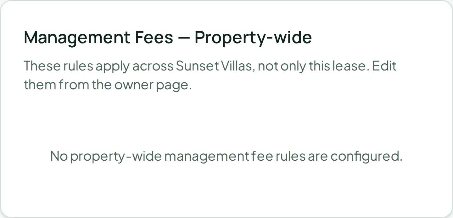 A property’s page, where a management fee rule is set as a flat amount, a percentage, or both.