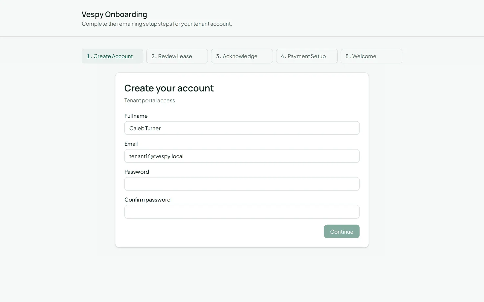 The onboarding wizard opened from an invite link, with its five steps shown across the top.