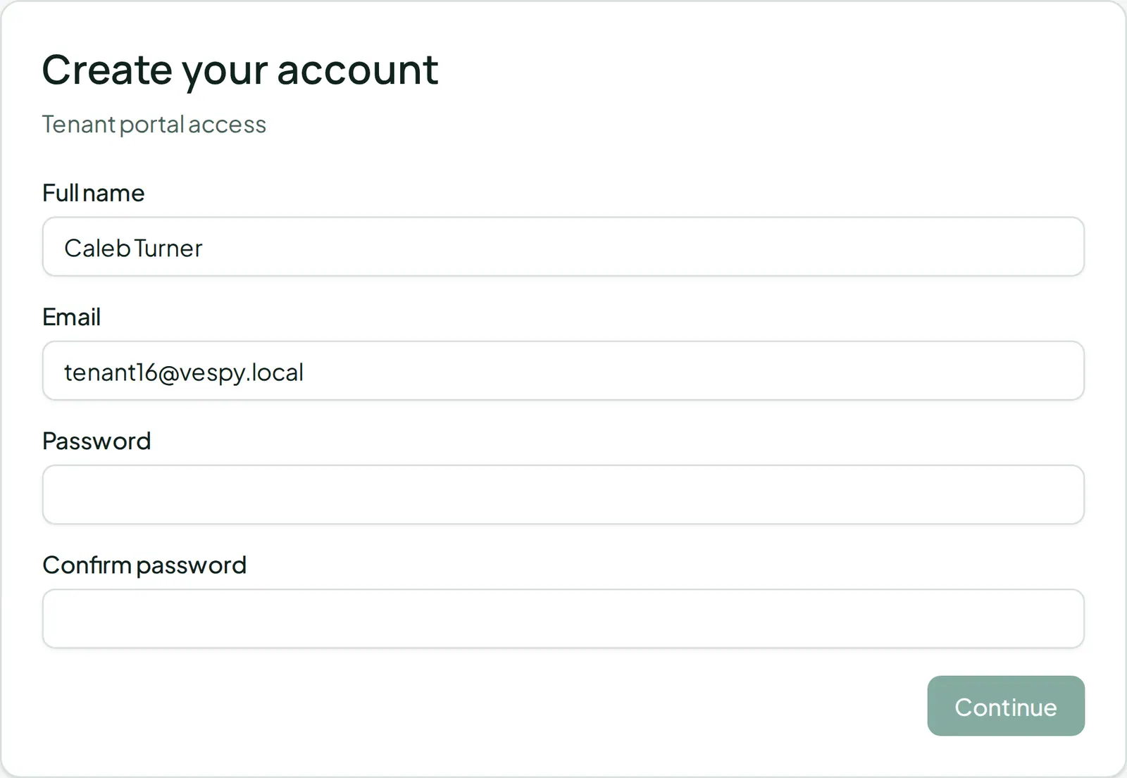 The Create your account card, with the invited name and email pre-filled and the password fields to complete.