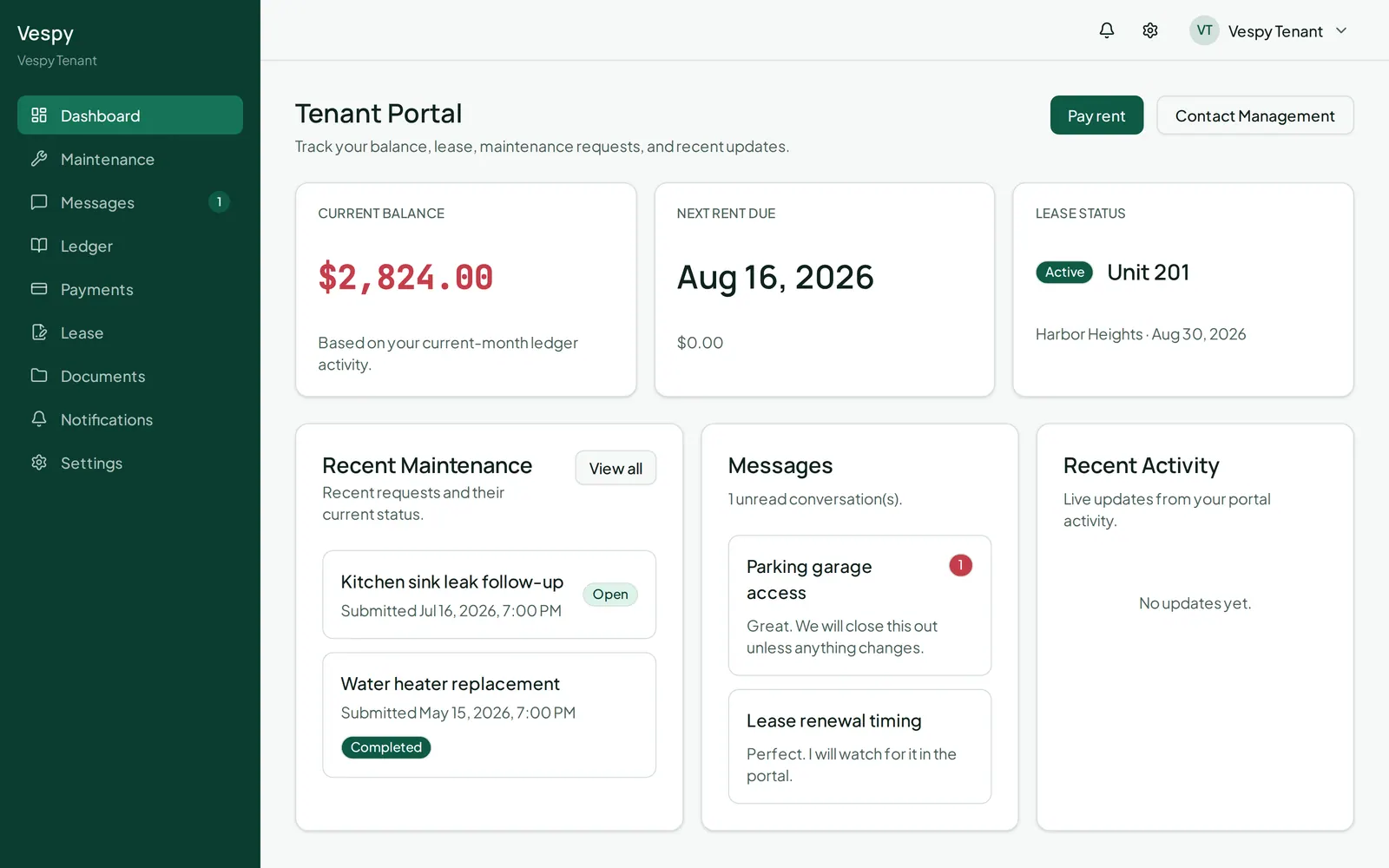 The tenant portal dashboard, the landing point once onboarding is finished.