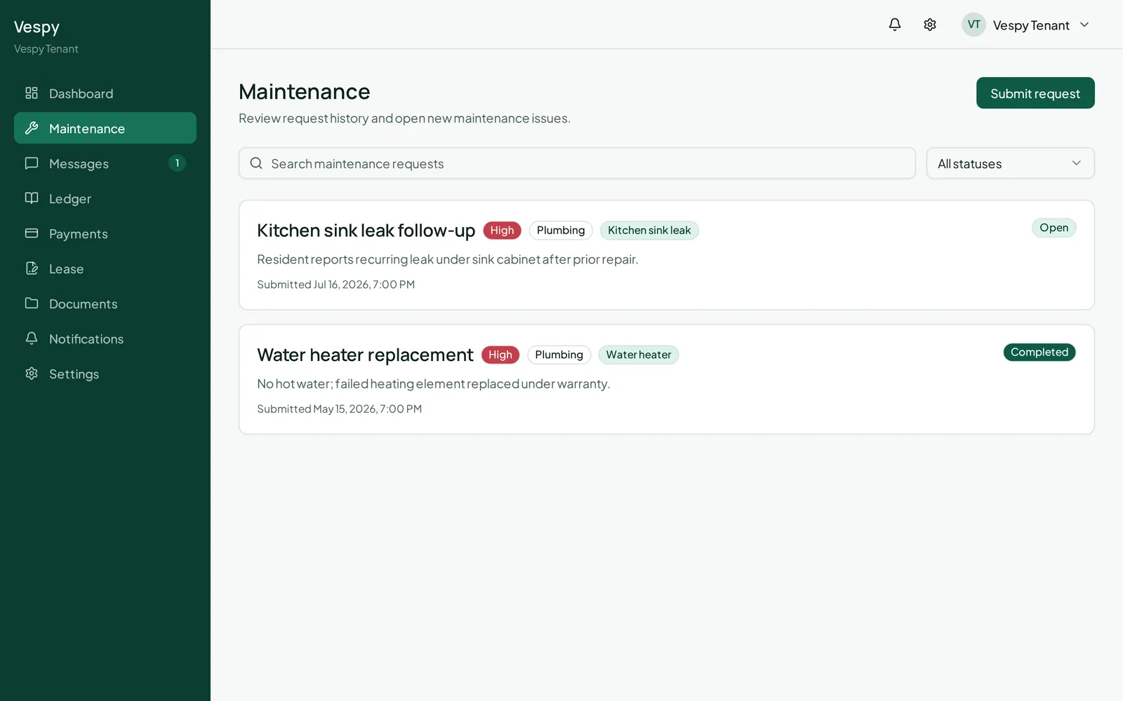 The tenant’s maintenance list, showing each request and the status it has reached.