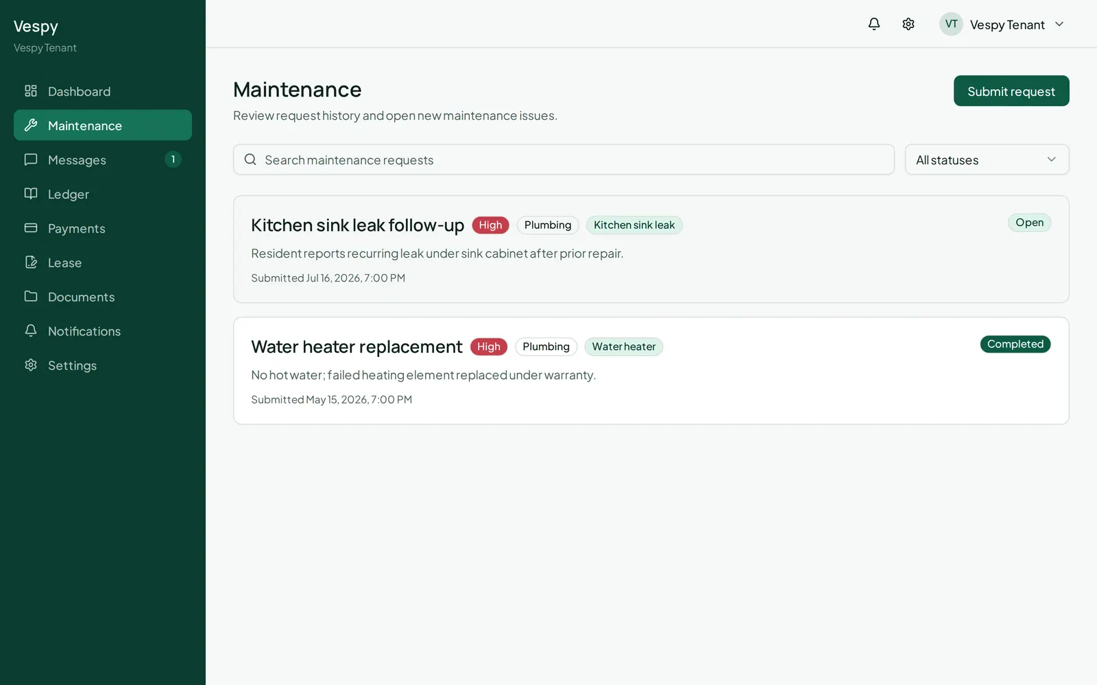 A single request opened, with the comment thread for following up with the manager.