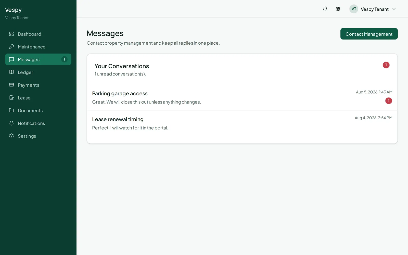 The tenant’s messages screen, listing conversations with the management team.