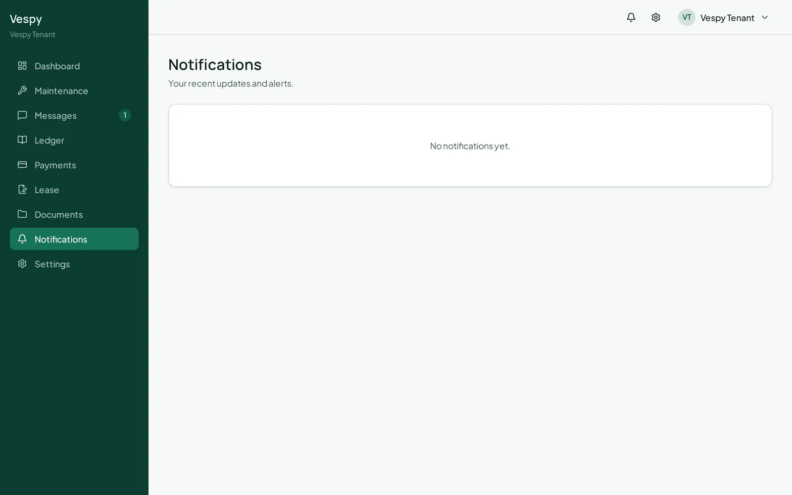 The tenant’s notifications list, showing alerts about replies and account activity.