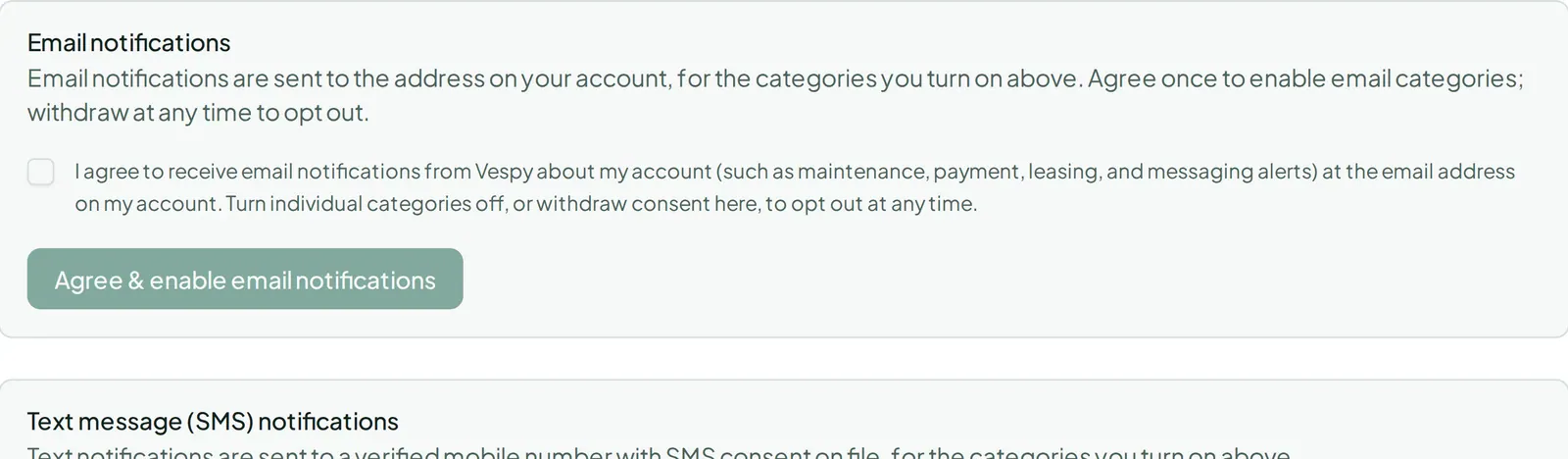 The email and SMS channel settings, including the consent required before texts are sent.