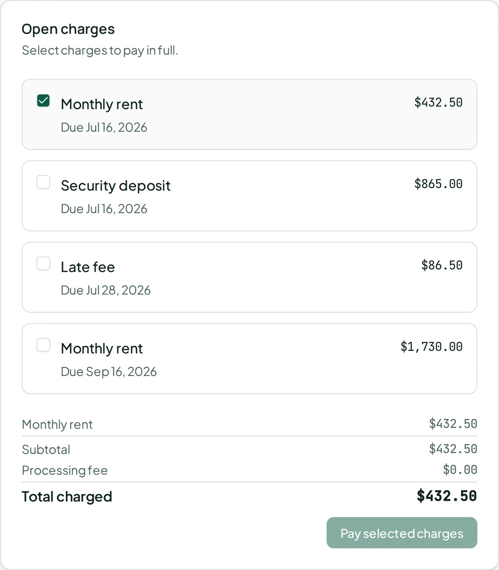 The Open charges card with one charge ticked, showing the running subtotal, processing fee, and total charged.