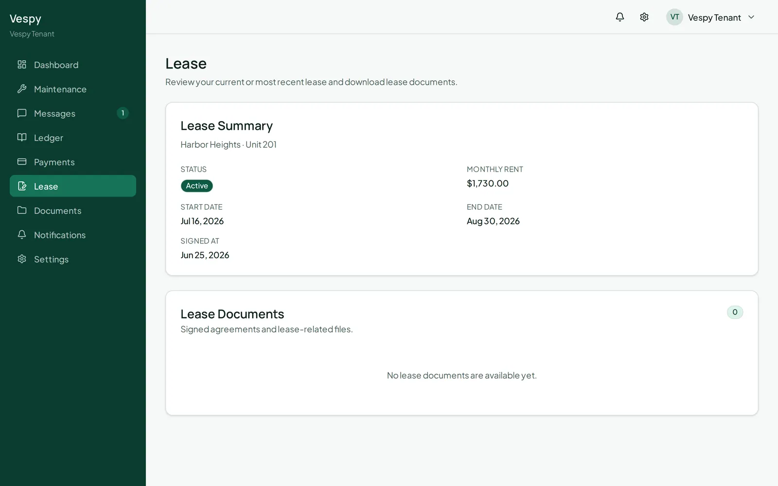 The tenant’s lease view: term dates, rent, and the other agreed terms.