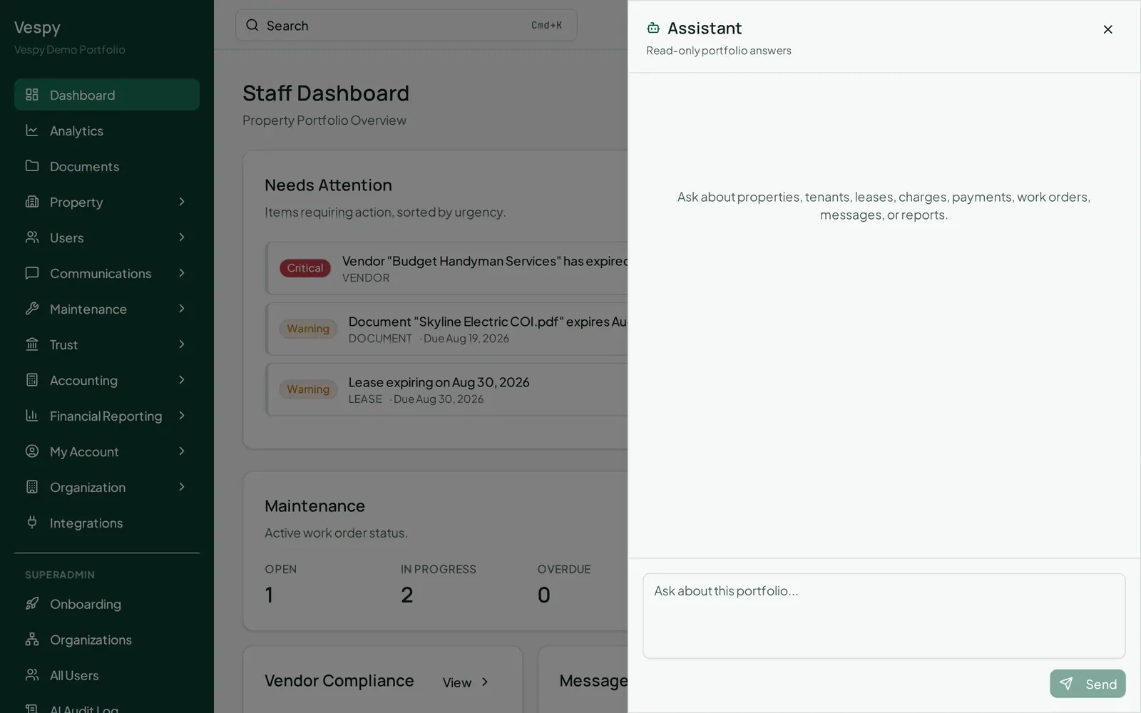 The portfolio assistant panel opened over the dashboard, with the box for asking a question in plain language.