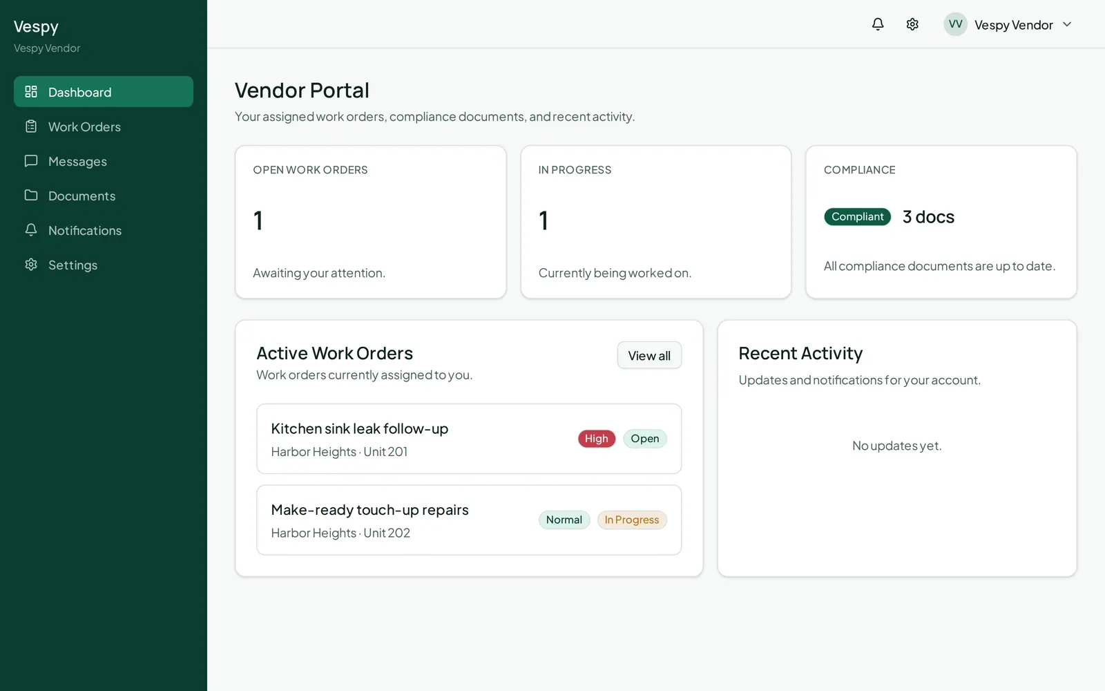 The vendor portal dashboard showing open and in-progress work order counts, compliance status, active work orders, and recent activity.