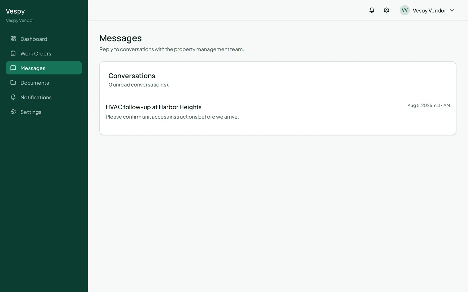 The vendor’s messages screen for talking directly with the management team.