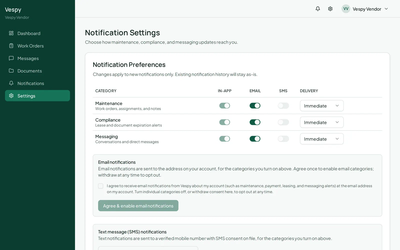 The vendor’s notification preferences, choosing which alerts arrive by email or SMS.
