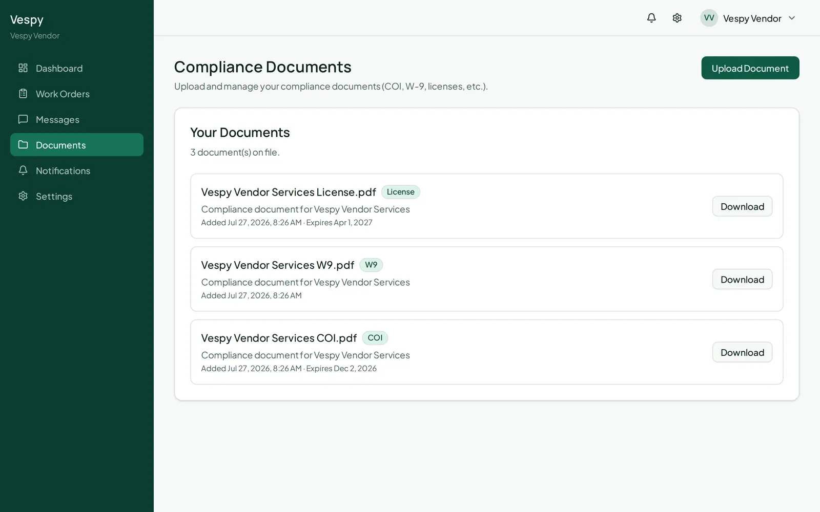 The vendor’s compliance status, flagging anything missing or close to expiring.