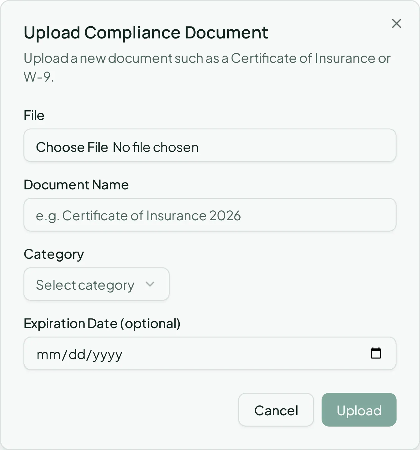 Uploading a certificate of insurance, W-9, or licence, with its expiry date recorded.